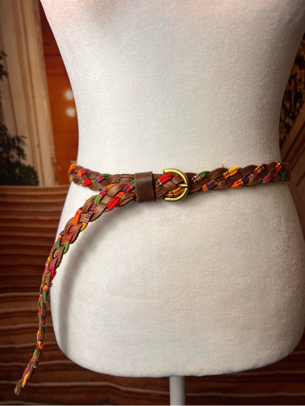 Braided Brown Multicolor Leather Belt with Gold Buckle, S/M